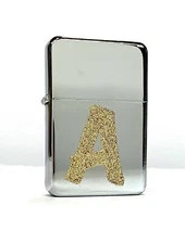 Initial ‘A’ Gold Glitter Letter Chrome Flip Top Oil Lighter Windproof Flame
