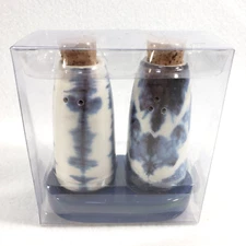 Ceramic Transpac Salt & Pepper Shakers Set Blue White Cork Stoppers & Holder New