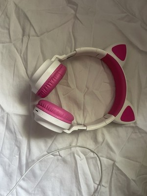 Pink/White Cat Ear On-Ear Wireless Headphones Built-In Mic Adj Band