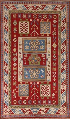 Geometric Super Kazak Oriental Area Rug 7x10 Ivory & Red Wool Handmade Carpet