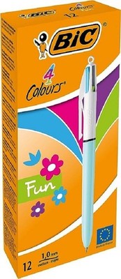 BIC 4 Colours Fun Retractable Ballpoint Pens - Box of 12 with Light Blue Pastel