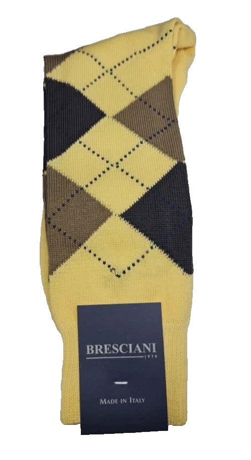 Bresciani Men’s Italian Socks Argyle Yellow/Taupe/Gray 100% Cotton Size M - NWT