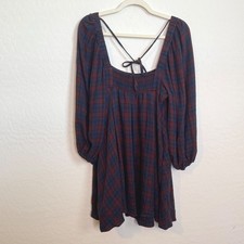 Urban Outfitters Women Plaid Dress M Burgundy Smocked Back Pocket Dark Academia