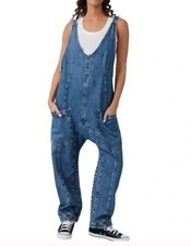Free People We The Free Denim Overalls Slouchy High Roller Pockets Size M