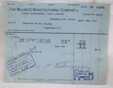 1914 Reliance Manufacturing Company Massillon Ohio Receipt