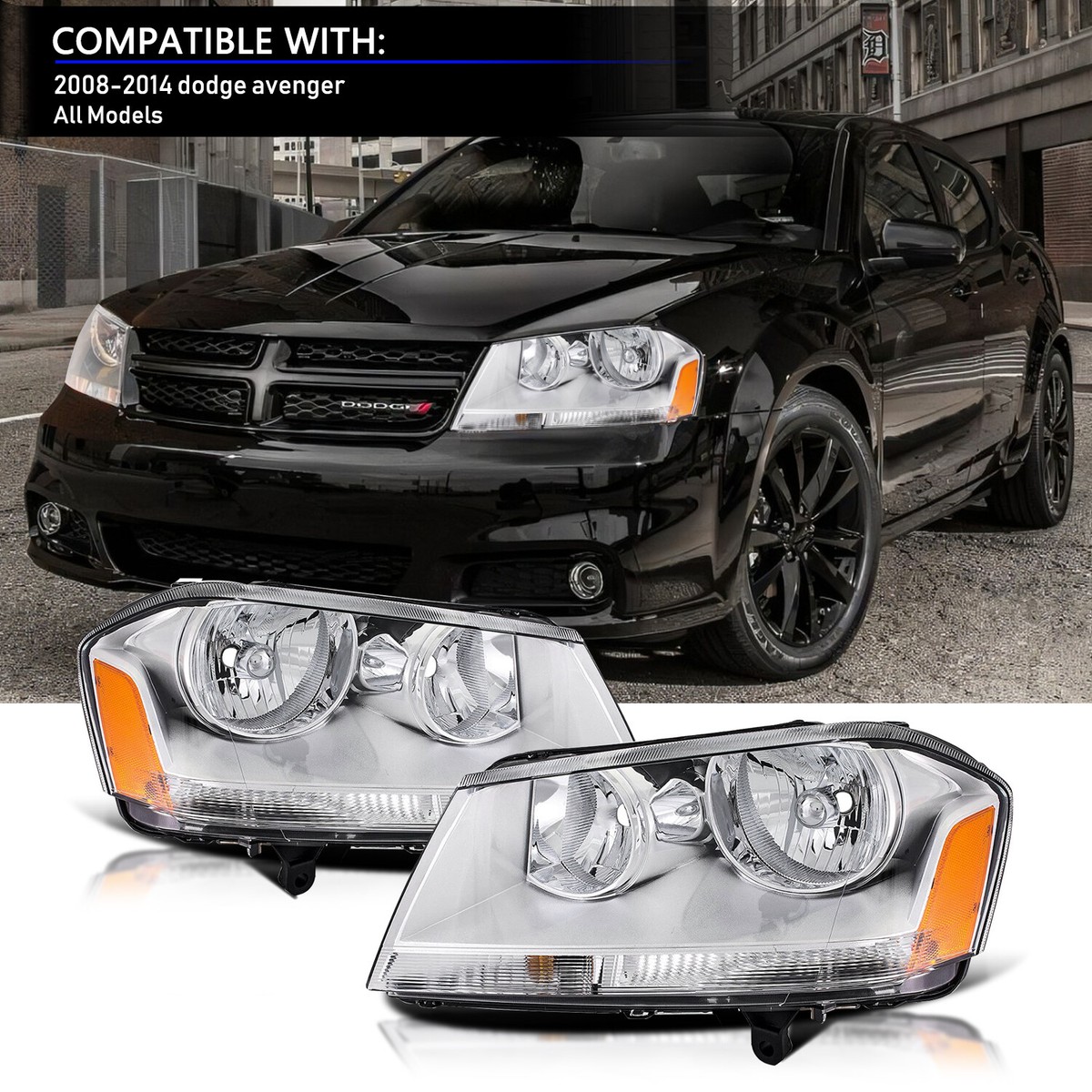 DOT Certified Headlights Pair Of Black Headlights For 2008-2014 Dodge Avenger RT - Left & Right Set (Halogen, Bulbs Not Included) Conjunto De Faros Delanteros - Foto 4