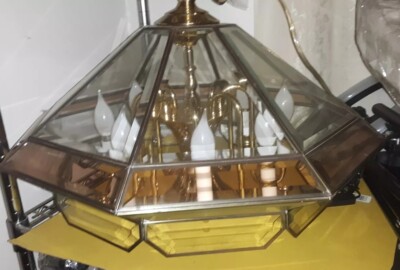 MCM BRASS GLASS  Fredrick Ramond Signed 8 Arm   Hanging  Light 