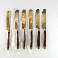 6 Vintage MCM Butter Cheese Canapé Knives w/ Wooden Handles & Gold Plated Blade