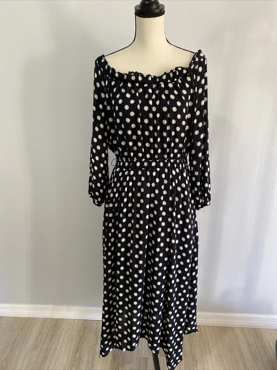 ANTHROPOLOGIE MAEVE Gerti Midi Dress Black Polka Dot Off Shoulder Size 14