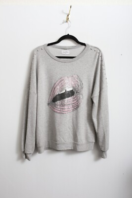 EUC XS Women's Lauren Moshi Pink Rose Chain Lips Sweatshirt In Gray