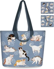 Nymphfable 2 Pack Reusable Grocery Bags Polyester Cute Cat Shopping Bag with Han