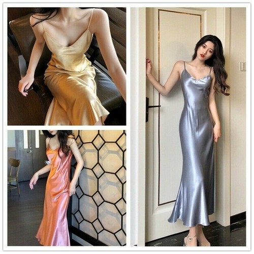 Donna Finta Raso Seta Abito Sottoveste Cinturini Coda lungo Festa Notte |  eBay
