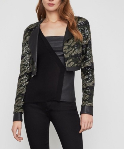 BCBGMAXAZRIA Camo Safari Green Sequin Cropped Jacket XS