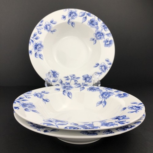 Paula Deen SPRING PRELUDE Suppenschalen (3) blaue Blumen auf weiß neuwertig