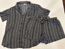 Victoria  s Secret Vintage Pajama Set M Top Drawstring Shorts Black Satin Lounge