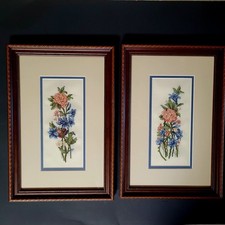 Pair Cross Stitch Wall Art Flower Bouquet Wooden Frames Glass Picture Spring Vtg