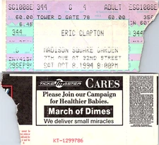 ERIC CLAPTON CONCERT TICKET STUB, 10/8/1994, MADISON SQUARE GARDEN