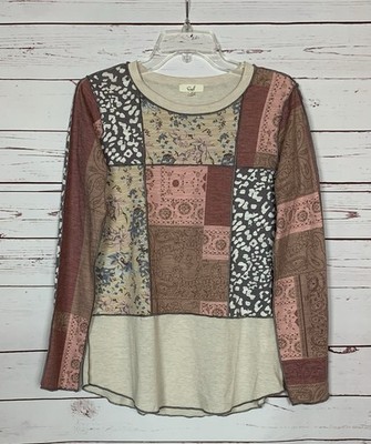 Easel Anthropologie Women s S Small Boho Mixed Print Long Sleeve Cute Top Shirt
