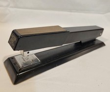 Desk Stapler Bates 640 Custom Made In USA Black with Faux Wood Grain - Used VG!