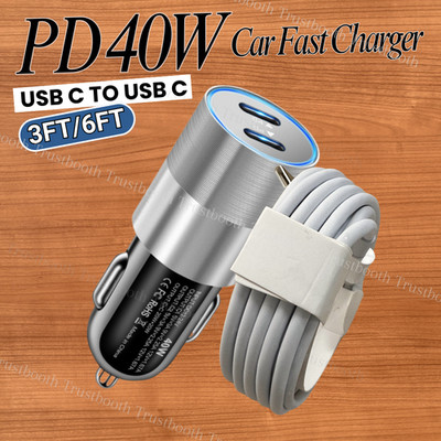 PD 40W Dual USB-C Fast Car Charger Adapter Type C Cord For iPhone 15 Plus 16e 17