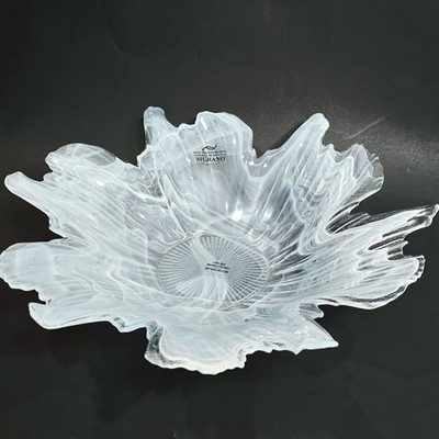 Murano Style 13.5'' Dia Art Glass Bowl White Iris Swirl Ruffle Edge Italy Decor