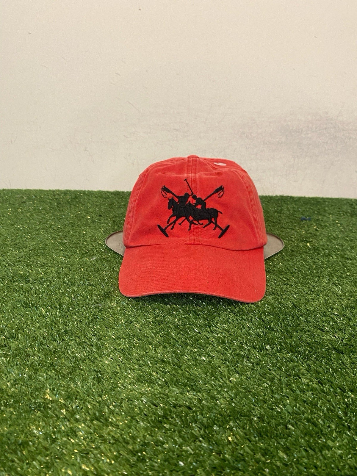 Cappello polo vintage Ralph Lauren berretto cinturino posteriore rosso blu doppio pony grande uomo retrò