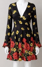 Forever 21 Black Rose & Sunflowers Print Bell Long Sleeve Dress Size M