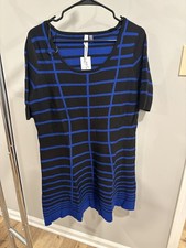 NY Collection knit sweater dress in blue and black striped pattern.