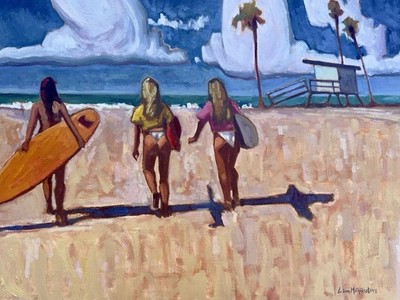 Original Painting Beach Scene Female Figures Surfing 18 X 24 Signed Hawaii Art
