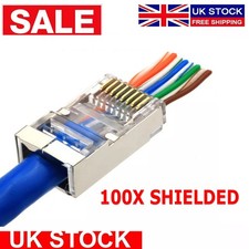 100X RJ45 CAT 5E/CAT 6 Plugs PASS-THROUGH EZ SHIELDED Ethernet Cable Ends