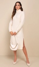 NWT Lulus Snuggly Forecast Cream Cable Knit Turtleneck Sweater Midi Dress Sz XL