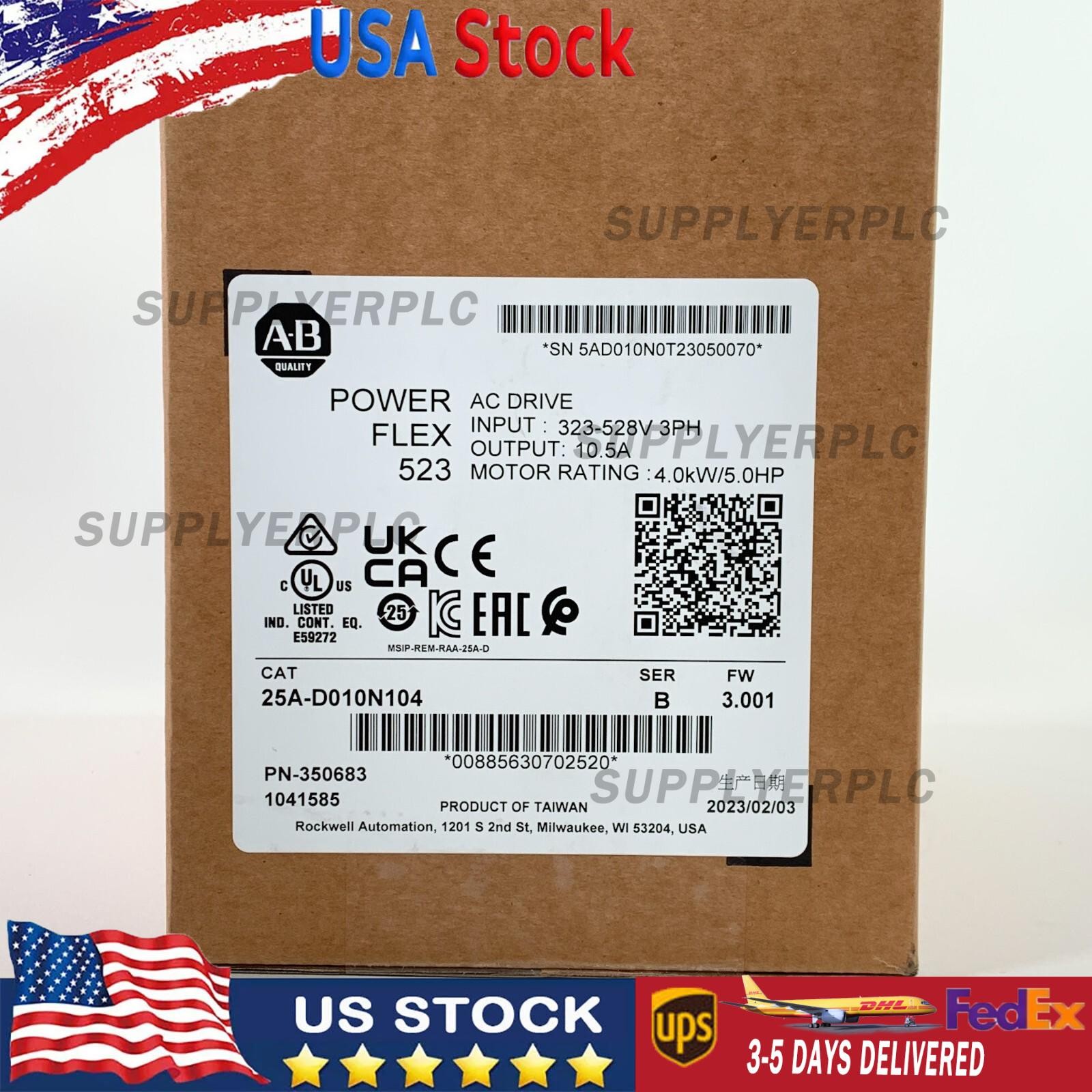 AB 25A-D010N104 Powerflex 523 AC Drive 5.0HP 3 Phase Part 25A-D010N104 HT 1PCS