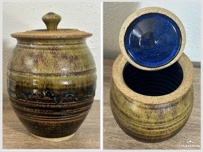 Vintage Tim Cundiff Stoneware Jar Brown Blue Glaze w/ Lid 6.5  Louisiana Retired