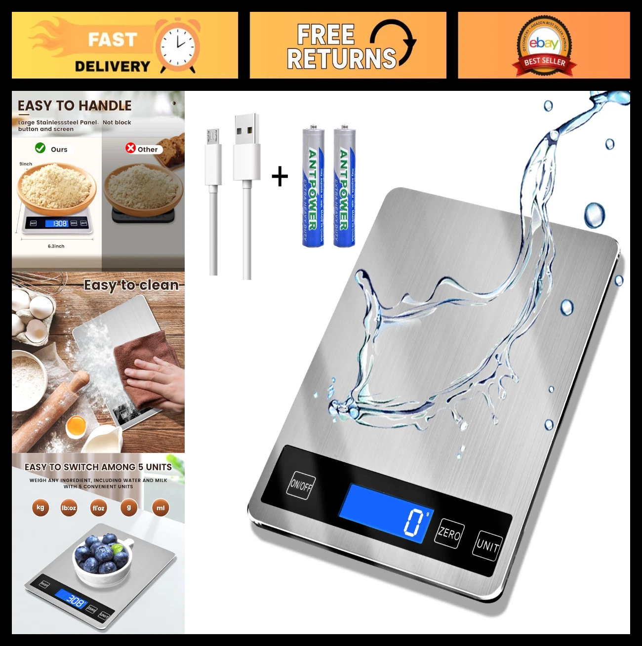 33lb Digital Kitchen Scale - Waterproof Stainless Steel, USB Rechargeable, LCD D
Opens in a new wind