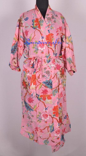 100% Indian Cotton Block Print Blue Tree Robe, Kimono, Sleepwear, Dressing Gown  - Foto 1 di 4
