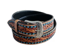 Ranger Belt Co Western Rodeo Belt Tan Tooled Leather Turquoise Buck Stitch 42