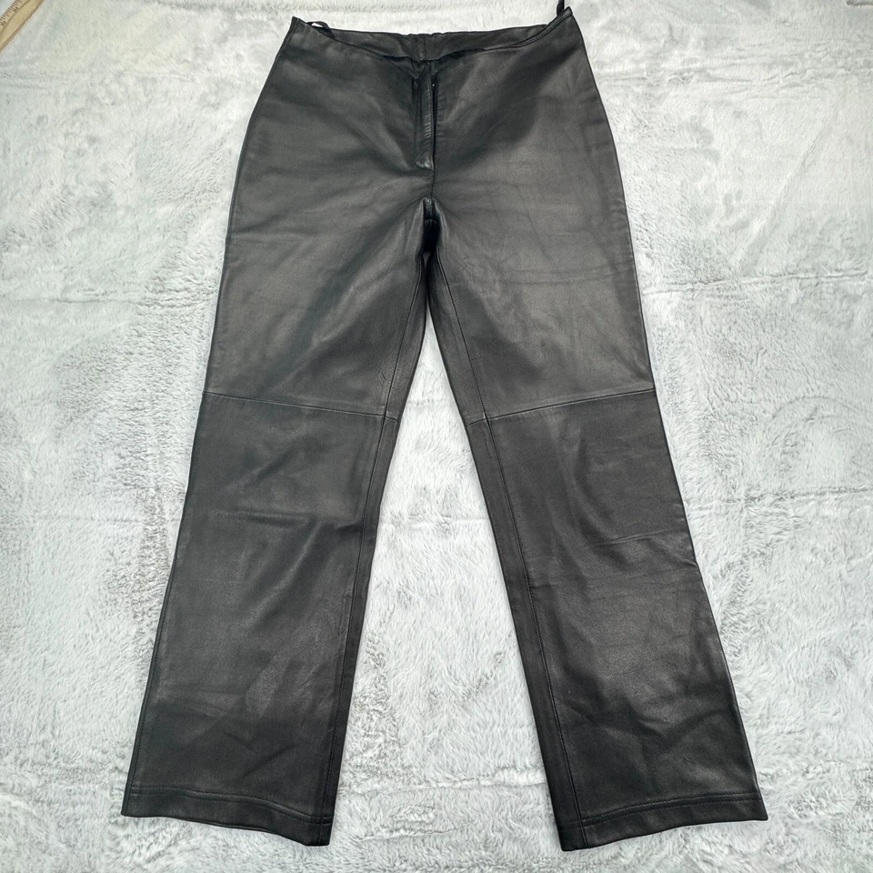 Pantalones de cuero genuino bebe para mujer 8 negros tiro medio cremallera recta Y2K de colección años 90 Foto 2 de 4