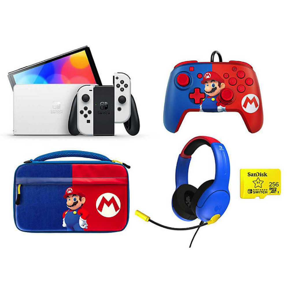Nintendo Switch OLED Mario Bundle + Headset + Wired Controller + 