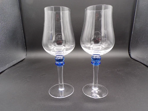 2 Vintage Hand Blown Crystal Wine Glasses Tulip Shape Cobalt Blue Stem 8" I22