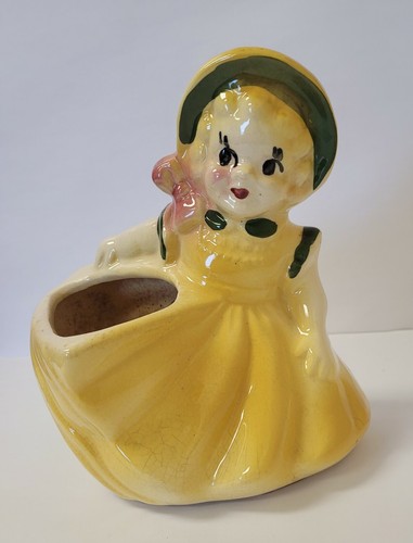 Vtg Girl Planter American Bisque Bonnet Springtime Yellow Green 7.5" - Picture 12 of 12
