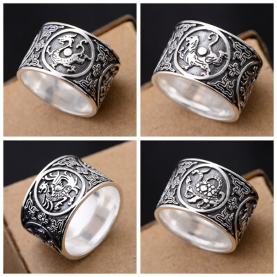 B32 Mens Ring 4 Animals of Feng Shui Dragon Phoenix Tiger Turtle Silver 999
