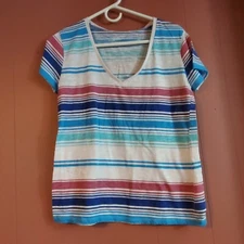 Mix & Co Women's Medium V-neck Short Sleeved Striped T-shirt