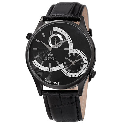 New Men's August Steiner AS8010BK Quartz Dual Time Black Leather Strap Watch