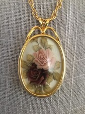 Victorian Cameo Style Necklace Rose Print Pendant Gold Tone