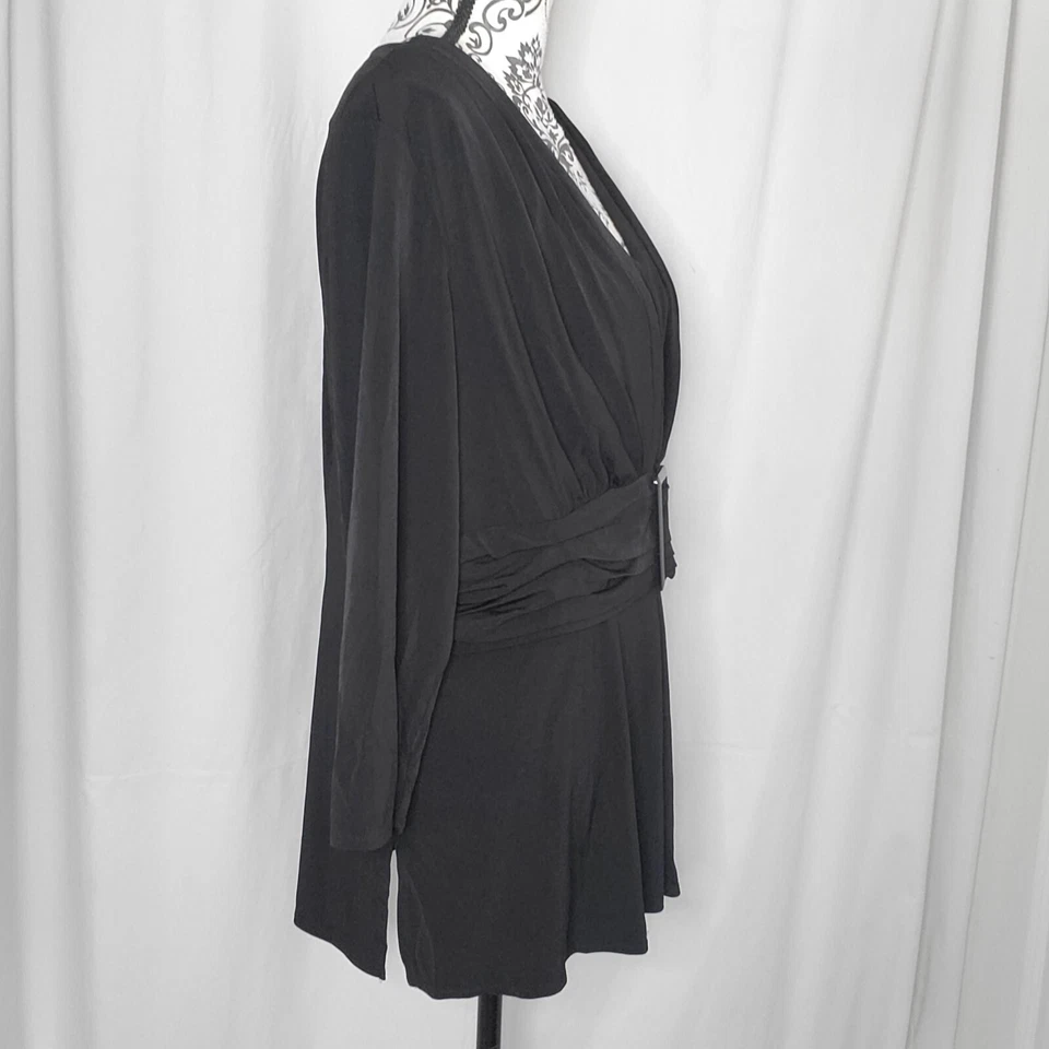 Блузка с длинным рукавом размер 14 XLarge черная облегающая и расклешенная с v-образным вырезом с пряжкой и поясом - Изображение 3 из 4