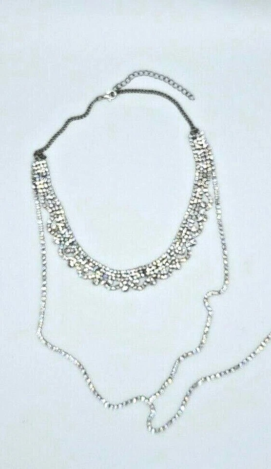 Choker Collar Layered Necklace Zircon Rhinestone Crystal Adjustable Silver Gothy - Image 3 of 3