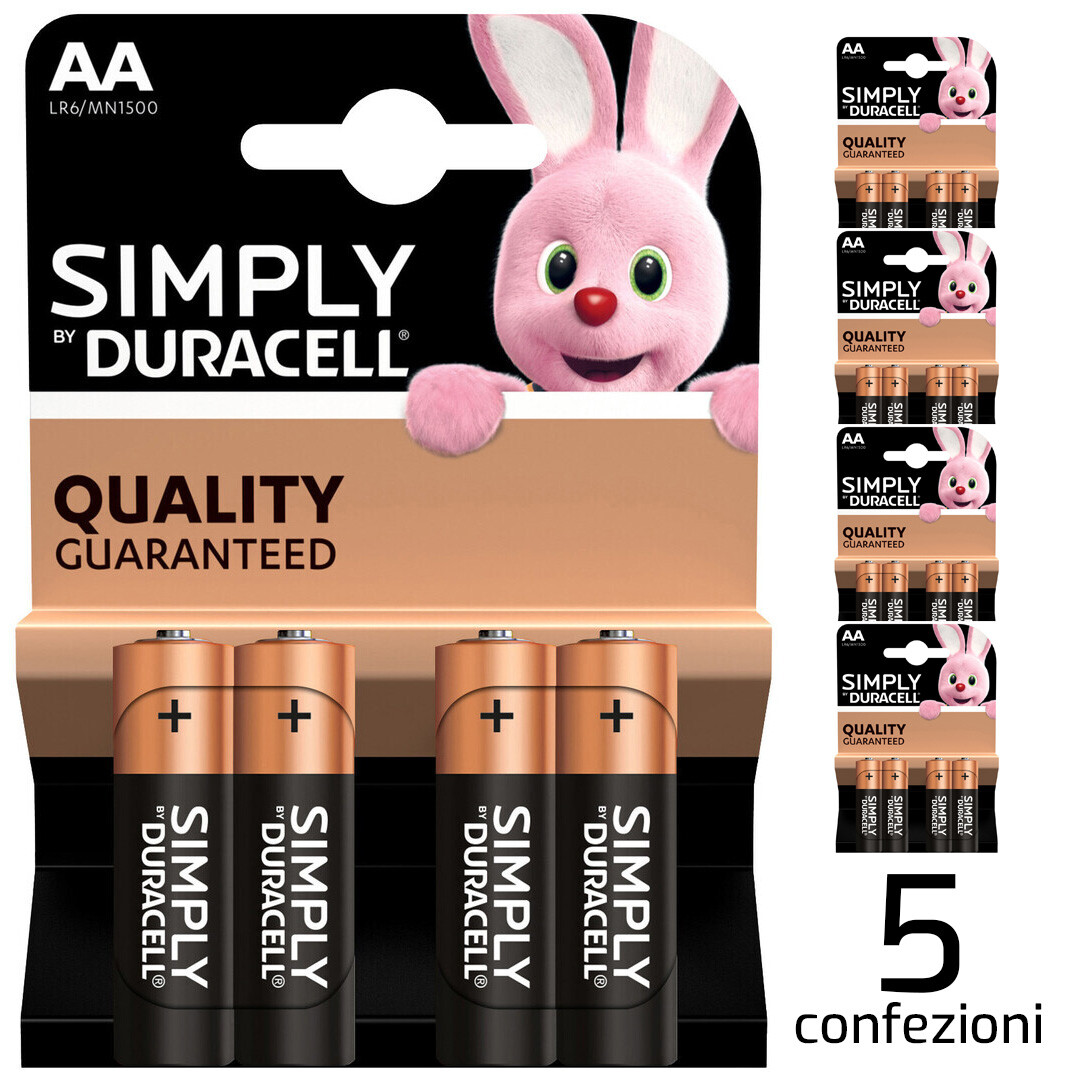 KIT 20 BATTERIE STILO AA DURACELL ALCALINE LR6 PILE MONOUSO 5 CONFEZIONI