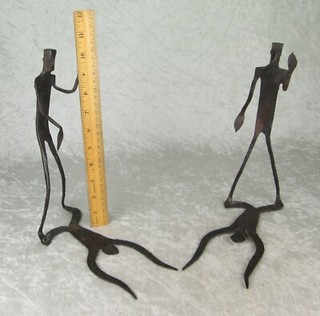 Wrought Iron Walking Man and Shadow Bookends Mid Century Modern Brutalist