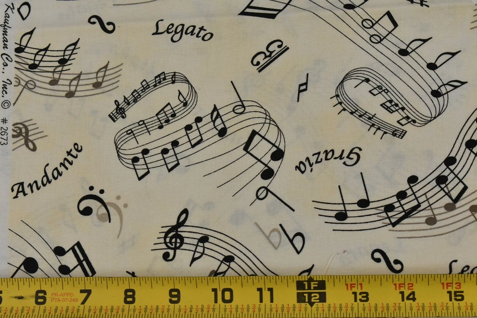 Edredón 32" largo, negro y marrón sobre crema notas musicales algodón, Kaufman, P3237 Foto 2 de 4
