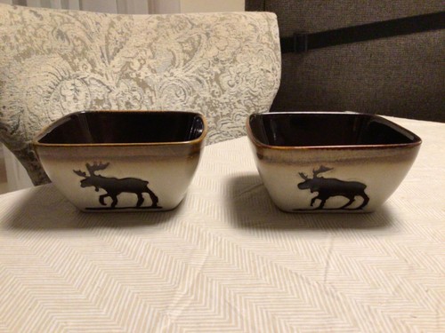 WOODLAND HOME STUDIO RUSTIC MOOSE/PINE TREES 5 1/2" SQUARE BOWL - NICE! #BxHH-4 - Picture 3 of 9